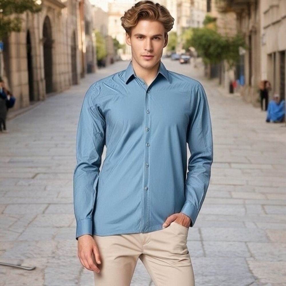 HUGO BOSS Dusty Blue Cotton Slim Fit Button Front Long Sleeve Dress Shirt 16.5